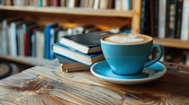 Close up a cup of hot coffee drink with books stack on table in home workspace. AI generated image