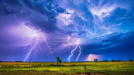  a bunch of lightning strikes in the sky over a green field with a fence and trees in the foreground.