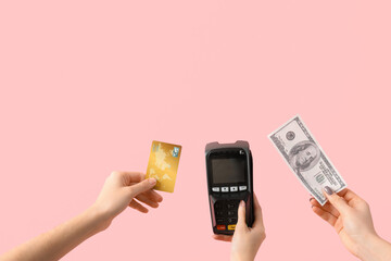 Women with credit card, payment terminal and dollar banknote on pink background - obrazy, fototapety, plakaty