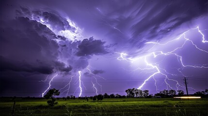  a bunch of lightning strikes in the sky over a green field with power lines and telephone poles in the foreground. - obrazy, fototapety, plakaty