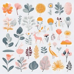 A collection of seamless pattern, colorful abstract plants and flowers. Hand drawn Collection of leaves and flowers. A close up of a pattern of flowers and leaves.
