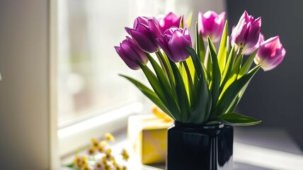 Purple Tulips in a Black Vase with Gift Box
