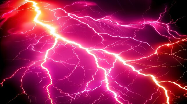  a close up of a lightning strike in the night sky with bright pink and orange lighting on the left side of the image.