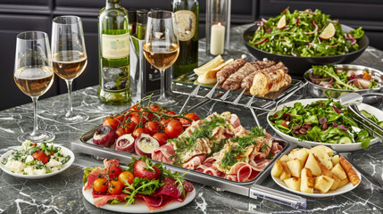 Fototapeta premium a table topped with plates of food next to wine glasses and plates of salads and salads on plates.