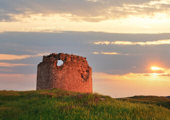 Summer sunset view of ancient  Crimean fortress (near Sevastopol Town, Crimea, Ukraine). Composite photo with considerable depth of sharpness. - obrazy, fototapety, plakaty