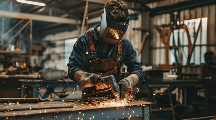 A worker or welder in protection mask brazing with burning sparks at metal factory. AI generated - obrazy, fototapety, plakaty