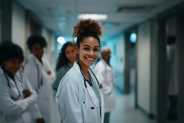 A woman in a white lab coat standing in a hallway