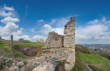 Summer view of ancient castle ruins ( Kremenets city , Ternopil Region, Ukraine). Built in 12th century. Four shots stitch image.