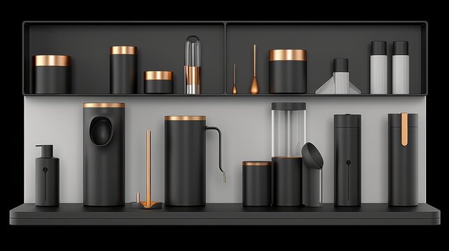  a shelf with a bunch of different types of items on top of it and a black shelf with a few different types of items on top of it.