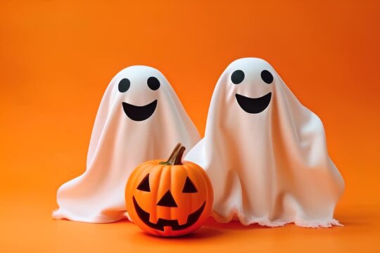 Two friendly ghosts with smiling faces and a carved pumpkin celebrate Halloween on an orange background.