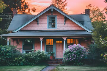 A picturesque craftsman home facade painted in soft peach, reflecting the colors of a vibrant sunrise.