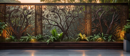 A balcony is adorned with a wooden fence featuring trees carved into it, surrounded by plants and shrubs creating a natural landscape art display