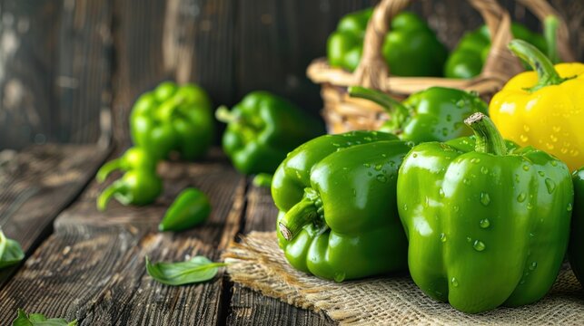 Fresh yellow green bell pepper paprika vegetables on wooden background. AI generated image