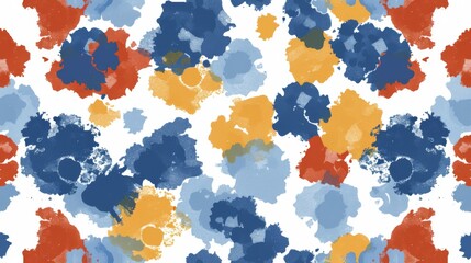  a pattern of blue, orange, and red paint splattered on a white surface with a white background.