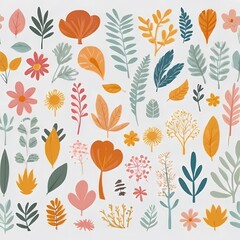 A collection of seamless pattern, colorful abstract plants and flowers. Hand drawn Collection of leaves and flowers. A close up of a pattern of flowers and leaves.
