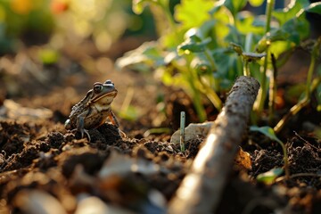 A frog sitting on the ground in a garden near some plants. Generative AI. - Powered by Adobe