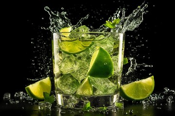 Fresh summer caipirinha cocktail with splash on a black background, green fruit lime on table