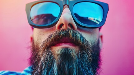 Portrait close up fashionable man bearded wears sunglasses.AI generated image - obrazy, fototapety, plakaty
