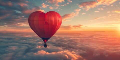 Heartshaped hot air balloon rising in the sky symbolizing dreams and aspirations. Concept Dreams and Aspirations, Hot Air Balloon, Symbolism, Sky, Inspiration - obrazy, fototapety, plakaty