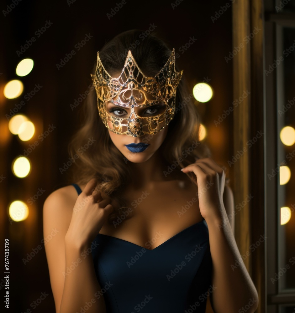 Sticker A woman in a blue dress with gold mask and lipstick. Generative AI.