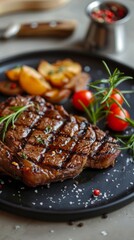 Gourmet steak delight: A beautifully cooked sirloin with rosemary on a rustic wooden board
