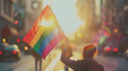 Rear view of lesbian girl waving a rainbow flag in a street at sunset