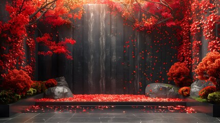 The timeless allure of autumn with a minimalist backdrop adorned in shades of crimson, setting the stage for your wooden category presentation. - Powered by Adobe