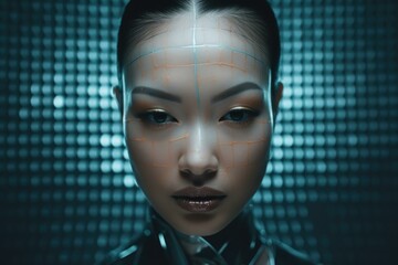 A woman with a face made up of dots and lines. Generative AI.