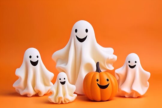 Four friendly ghosts gather around a cheerful pumpkin, creating a fun Halloween atmosphere on an orange backdrop.