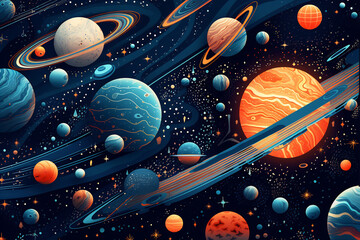 Solar system. Colorful planets, galaxy and universe. Space cartoon