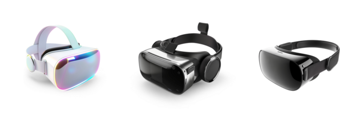 generic modern high-tech VR Virtual reality headset goggles headset controllers concept design set icons isolated on transparent png cutout background
