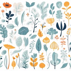 A collection of seamless pattern, colorful abstract plants and flowers. Hand drawn Collection of leaves and flowers. A close up of a pattern of flowers and leaves.
