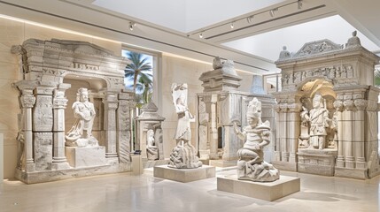  a group of statues in a room next to a wall with a palm tree in the middle of the room.