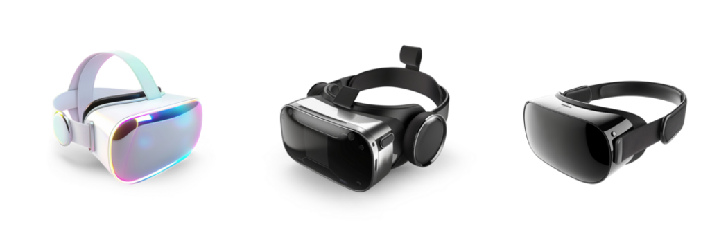 generic modern high-tech VR Virtual reality headset goggles headset controllers concept design set icons isolated on transparent png cutout background - Powered by Adobe