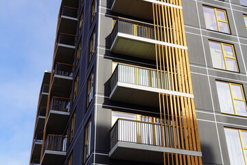 Looking up to the new modern apartments building in Lasnamae district. Tallinn, Estonia, Europe....