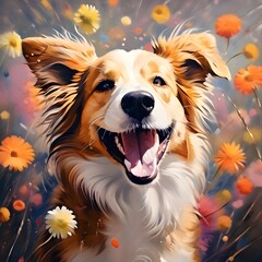 Happy Flower Dog - obrazy, fototapety, plakaty
