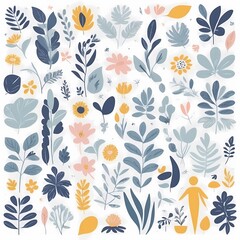 A collection of seamless pattern, colorful abstract plants and flowers. Hand drawn Collection of leaves and flowers. A close up of a pattern of flowers and leaves.

