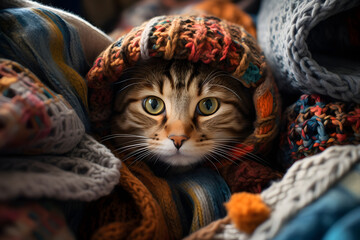 domestic cat under layers of colorful warm knitted scarves and woolen clothing. warmth and comfort in the house. pets