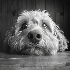 Un primer plano en monocromo captura la esencia de la curiosidad canina, con ojos llenos de alma y una nariz lista para explorar, cada bigote una historia de días juguetones y secretos olfateados.