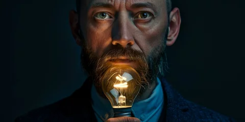 Fotobehang A man with a beard and mustache holding up an old fashioned light bulb. Generative AI. © serg3d
