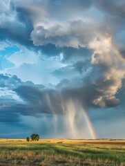 Un árbol solitario se alza desafiante bajo el drama de los cielos, donde una cascada de lluvia pinta el horizonte, y un arcoíris emerge con gracia, como una pincelada etérea en un vasto lienzo. - obrazy, fototapety, plakaty
