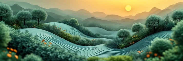 Fototapeten sunset in the mountains, abstract illustration © Den b+f