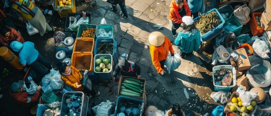 An overhead view of a market with people and produce. Generative AI. - obrazy, fototapety, plakaty