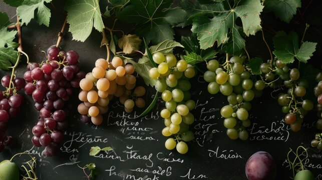 A bunch of grapes are hanging from a blackboard with writing on it. Generative AI.