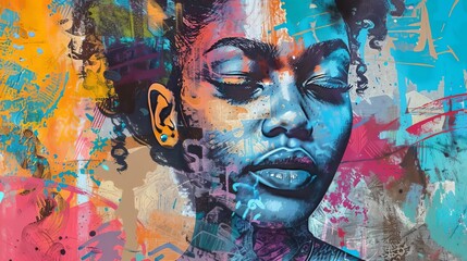 Urban graffiti artwork collage with dreamy African woman portrait, mixed media illustration