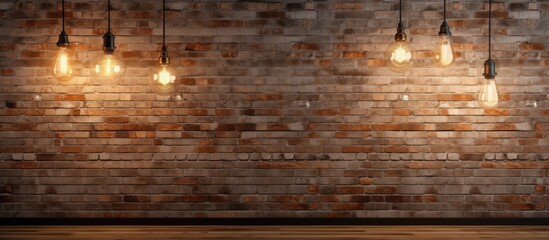 An image featuring a sturdy brick wall adorned with three illuminated light bulbs suspended from it - obrazy, fototapety, plakaty