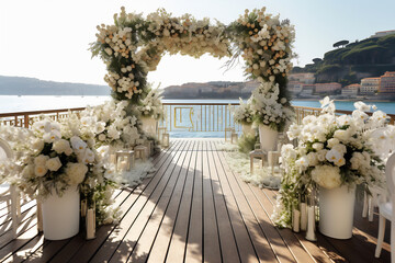 Outdoor ceremony setup with white flowers and greenery