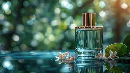 Perfume bottle on glass table with green bokeh background