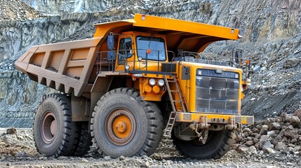 Obraz premium Big yellow anthracite mining truck operating in open pit coal mine industry for extraction