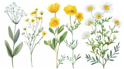 Obraz na płótnie Canvas Watercolor clipart set of meadow botanical flowers - yellow tansy, buttercup, white stellaria